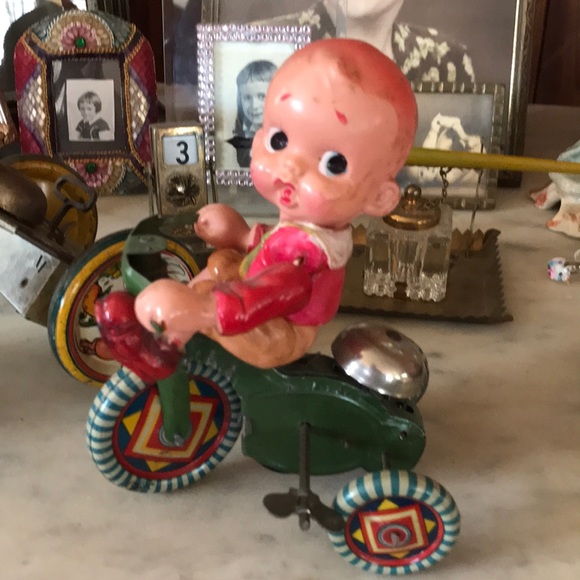 Vintage Prewar Japan Tin Litho Boy on Tricycle Toy